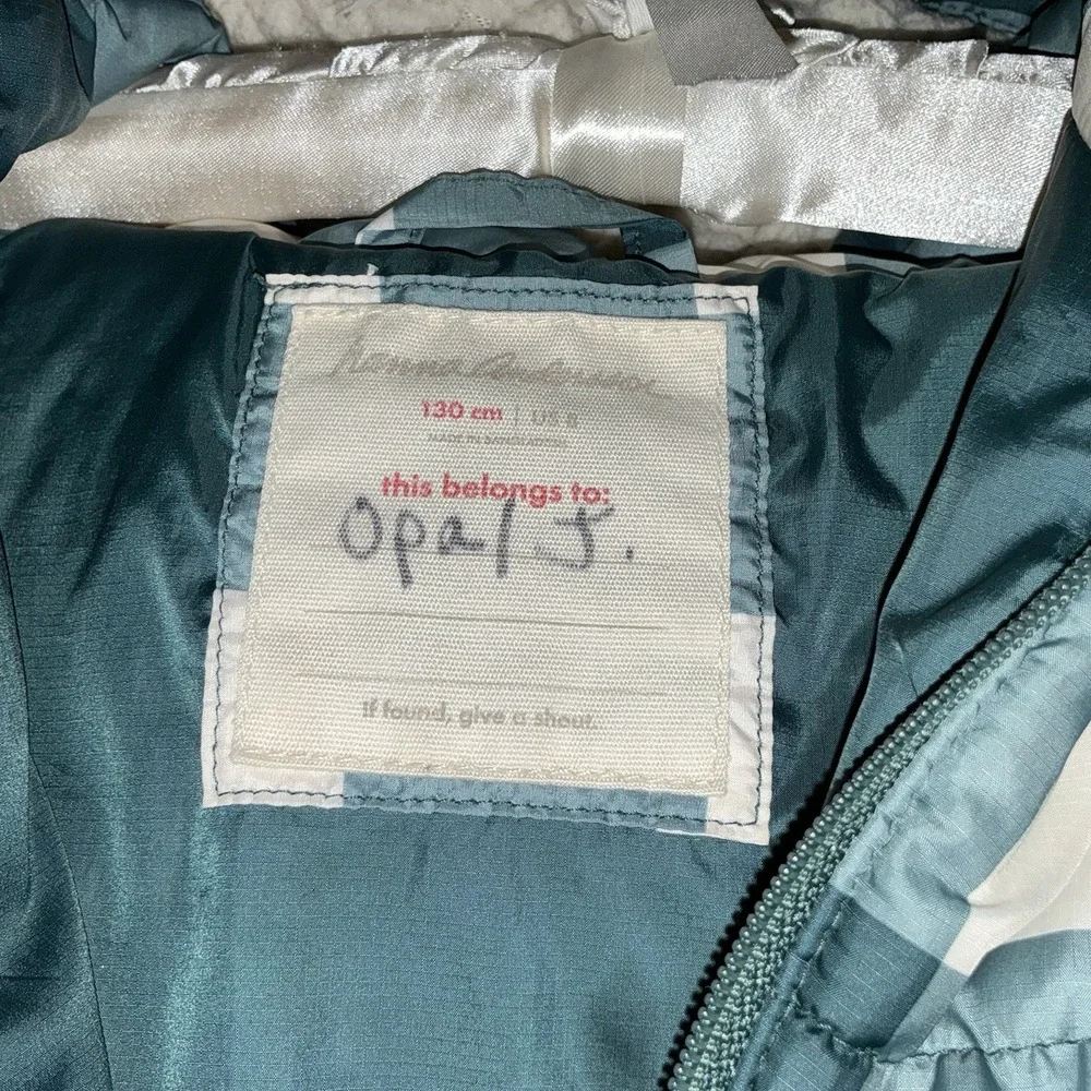 Hanna Andersson Puffer Coat Girl's 8 Teal Checkered Detachable Hood Winter Blue